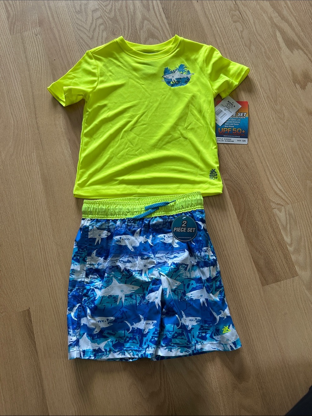 ZeroXposur Neon Yellow Rashguard & Blue Shark-Print Swim Shorts